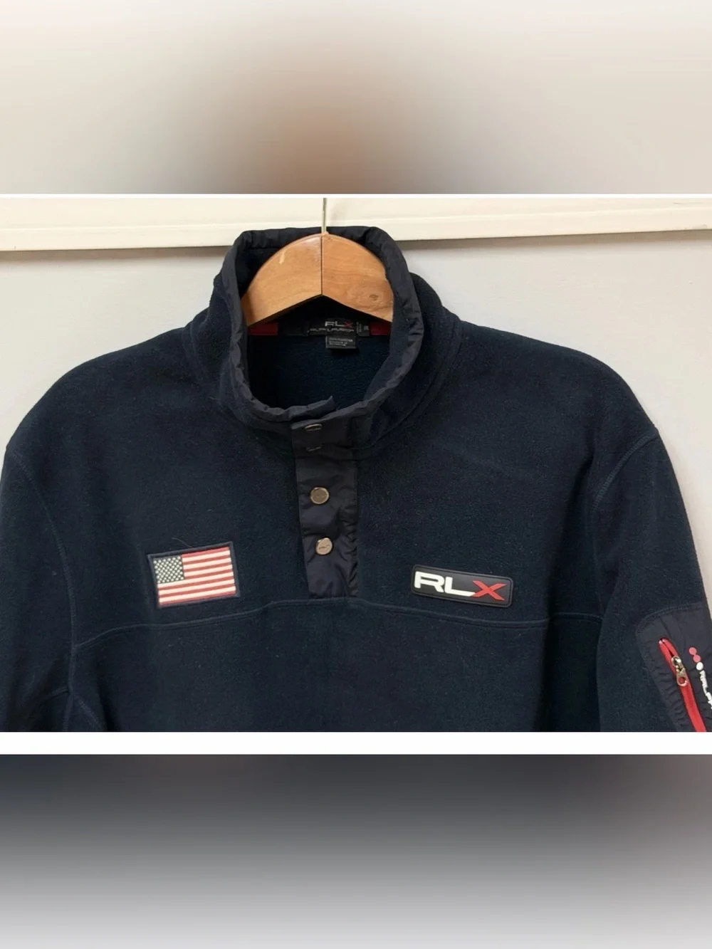 VTG Polo Ralph Lauren RLX Fleece Pullover Mens XXL Navy Blue USA Flag 1/4 Snap